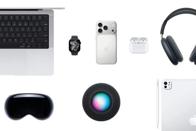 A flat lay of Apple active devices on a white background, including a MacBook, Apple Watch, iPhone, AirPods, AirPods Max headphones, HomePod, iPad, and Apple Vision Pro headset.