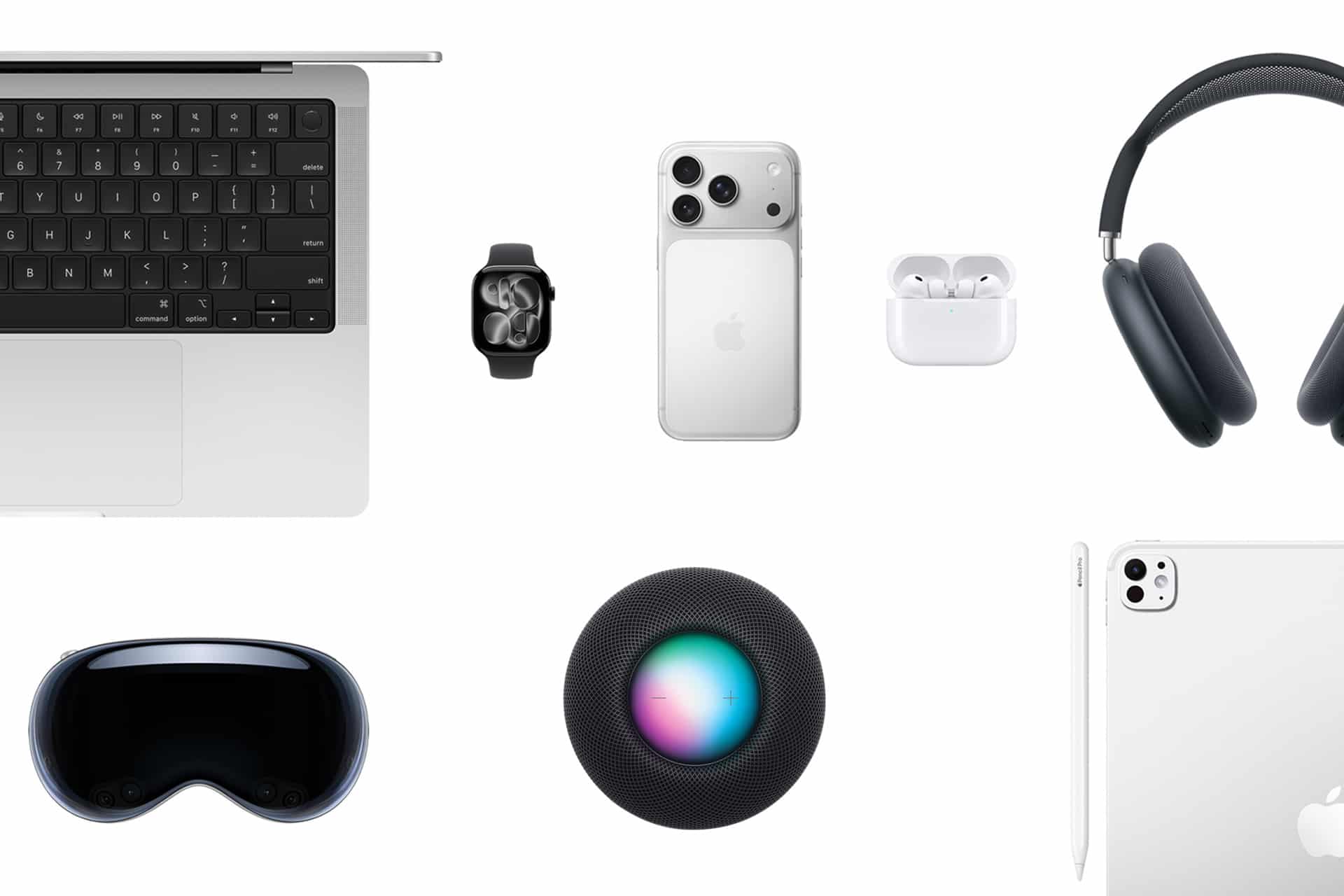 A flat lay of Apple active devices on a white background, including a MacBook, Apple Watch, iPhone, AirPods, AirPods Max headphones, HomePod, iPad, and Apple Vision Pro headset.