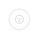 A simple gray smiley face inside a dotted circular border on a white background, with a small, light gray Apple logo in the lower right corner—perfect for those looking to protect iPhone photos while keeping style minimal.