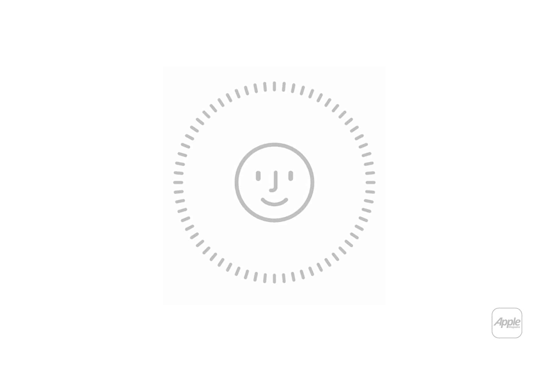 A simple gray smiley face inside a dotted circular border on a white background, with a small, light gray Apple logo in the lower right corner—perfect for those looking to protect iPhone photos while keeping style minimal.