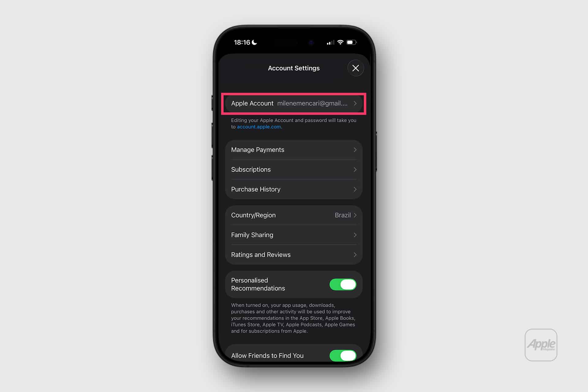 A smartphone screen displays Apple Account Settings, highlighting an email address at the top. Below are options like Manage Payments, Subscriptions, Purchase History, and region set to Brazil—perfect for an Apple Family organizer managing group settings.