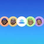Apple Family Sharing - Five colorful circles on a blue gradient background, each with a cartoon avatar face, surround a central white circle with an iCloud-inspired blue and green group icon, representing diverse people and community.