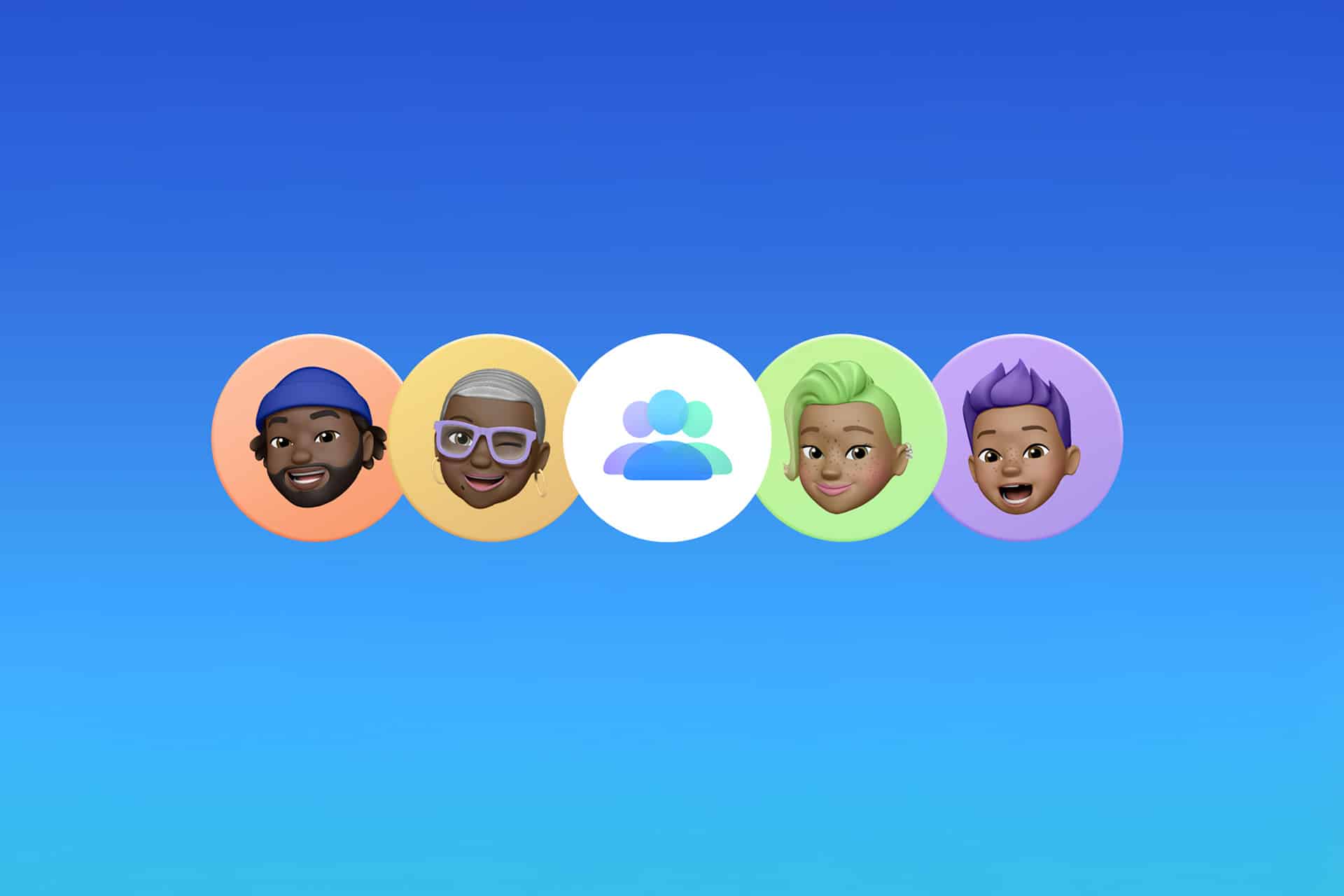 Apple Family Sharing - Five colorful circles on a blue gradient background, each with a cartoon avatar face, surround a central white circle with an iCloud-inspired blue and green group icon, representing diverse people and community.
