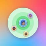 iCloud Family Sharing - A central avatar with blue hair is surrounded by three others on green concentric circles, set against a colorful gradient background with an Apple logo in the corner, illustrating the concept of Apple Family Sharing.