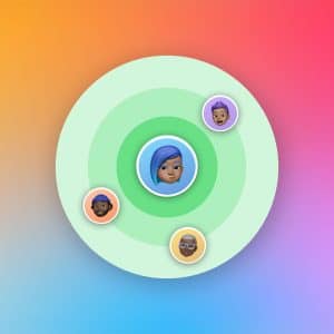 iCloud Family Sharing - A central avatar with blue hair is surrounded by three others on green concentric circles, set against a colorful gradient background with an Apple logo in the corner, illustrating the concept of Apple Family Sharing.