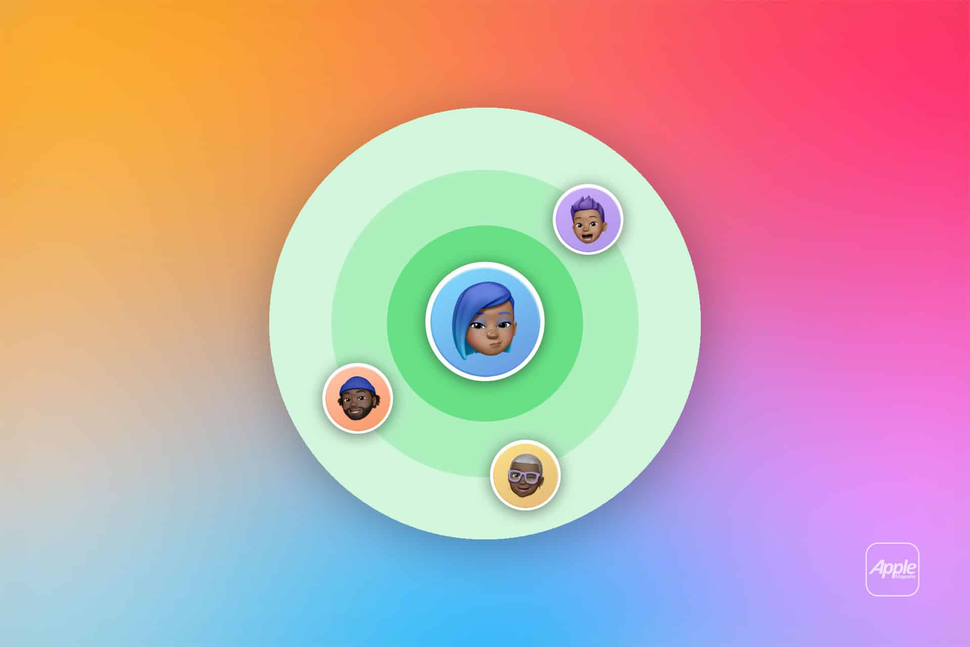 iCloud Family Sharing - A central avatar with blue hair is surrounded by three others on green concentric circles, set against a colorful gradient background with an Apple logo in the corner, illustrating the concept of Apple Family Sharing.