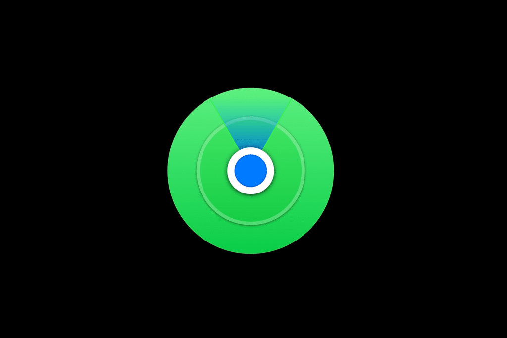 A green circular radar icon with concentric rings and a blue dot in the center, displayed on a black background. Two light green segments highlight the top area, evoking the familiar look of the Find My iPhone interface.