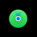 A green circular radar icon with concentric rings and a blue dot in the center, displayed on a black background. Two light green segments highlight the top area, evoking the familiar look of the Find My iPhone interface.