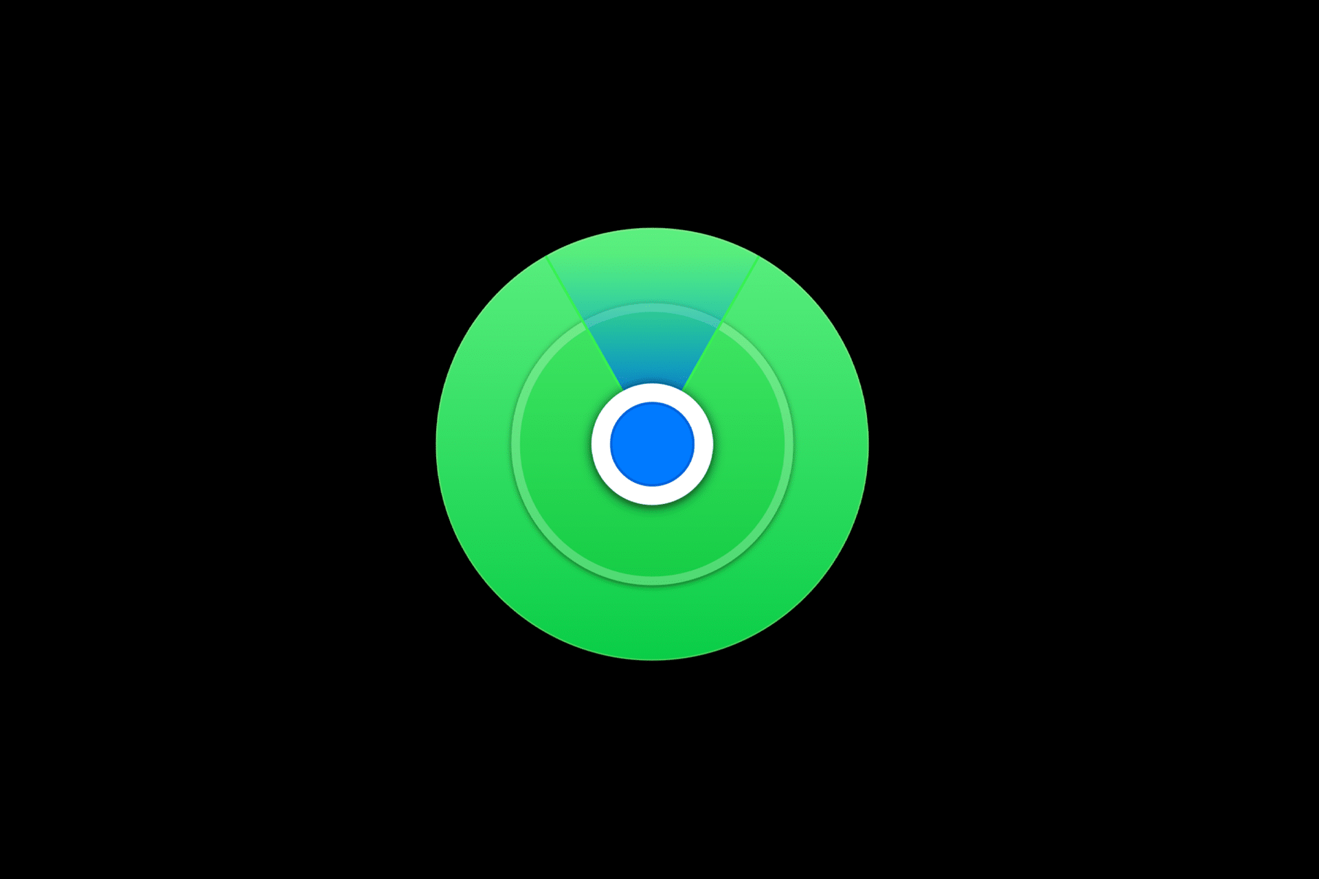 A green circular radar icon with concentric rings and a blue dot in the center, displayed on a black background. Two light green segments highlight the top area, evoking the familiar look of the Find My iPhone interface.
