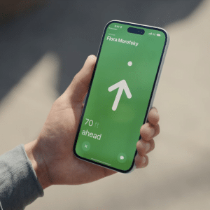 A hand holds a smartphone displaying a green screen with a large arrow pointing up, text reading "70 ft ahead," and a contact name at the top, resembling the find my iPhone interface for navigation or location sharing.