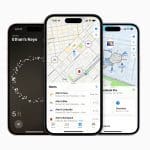 Three smartphones display different screens of Apple’s “Find My” app: one shows Find My Precise Location to locate keys nearby, another highlights items on a map, and the third provides walking directions to a tracked device in a mall.
