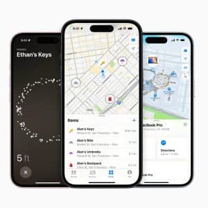 Three smartphones display different screens of Apple’s “Find My” app: one shows Find My Precise Location to locate keys nearby, another highlights items on a map, and the third provides walking directions to a tracked device in a mall.