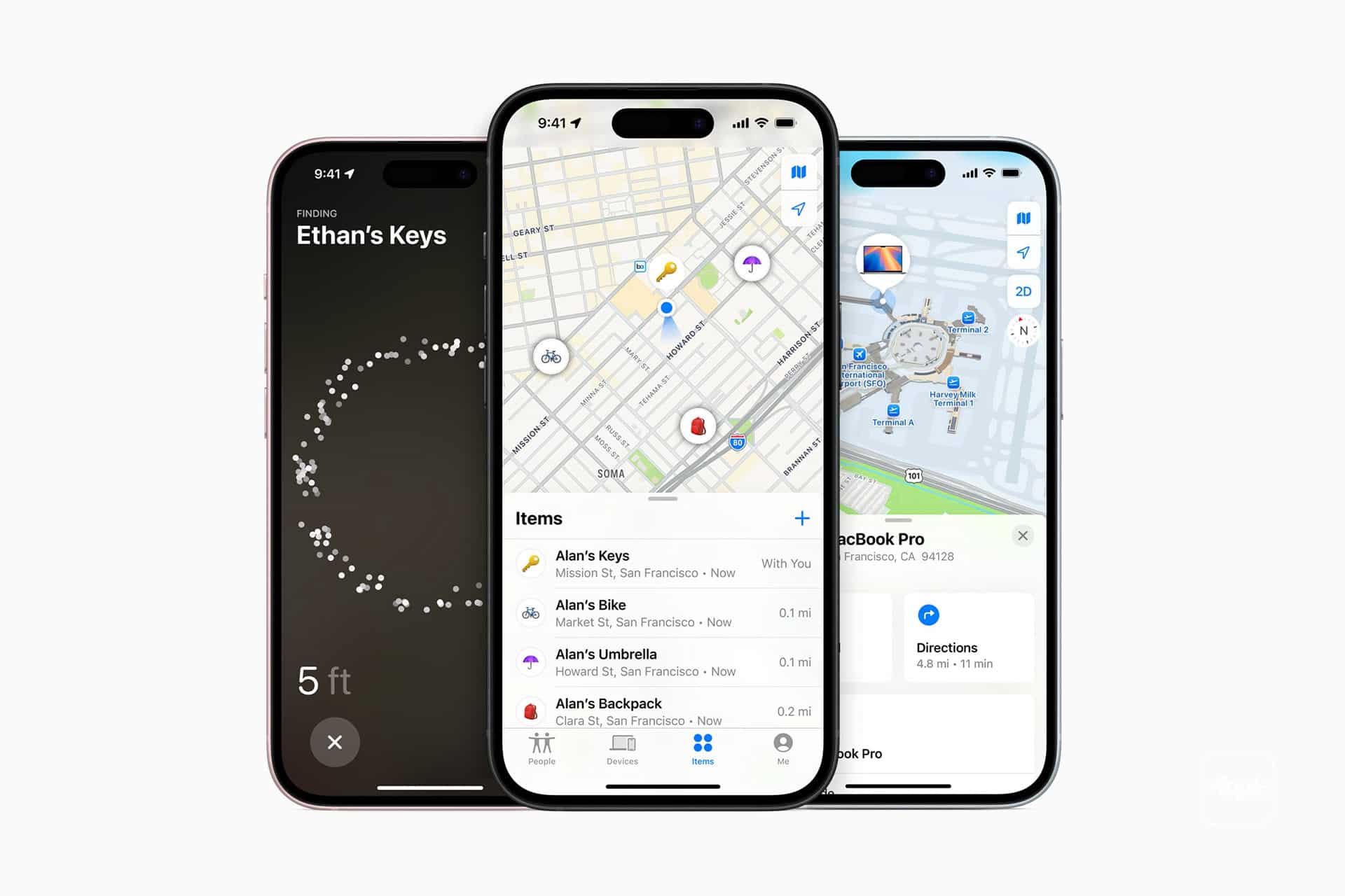 Three smartphones display different screens of Apple’s “Find My” app: one shows Find My Precise Location to locate keys nearby, another highlights items on a map, and the third provides walking directions to a tracked device in a mall.