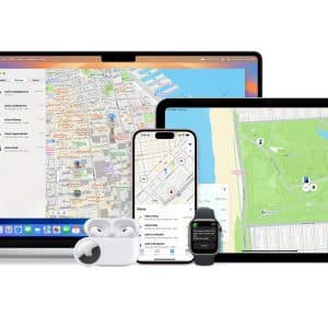 Find My Precise Location - A laptop, tablet, smartphone, smartwatch, and two sets of wireless earbuds display Apple’s “Find My” app with maps and Find My Precise Location onscreen, showcasing accurate device tracking across multiple Apple products.
