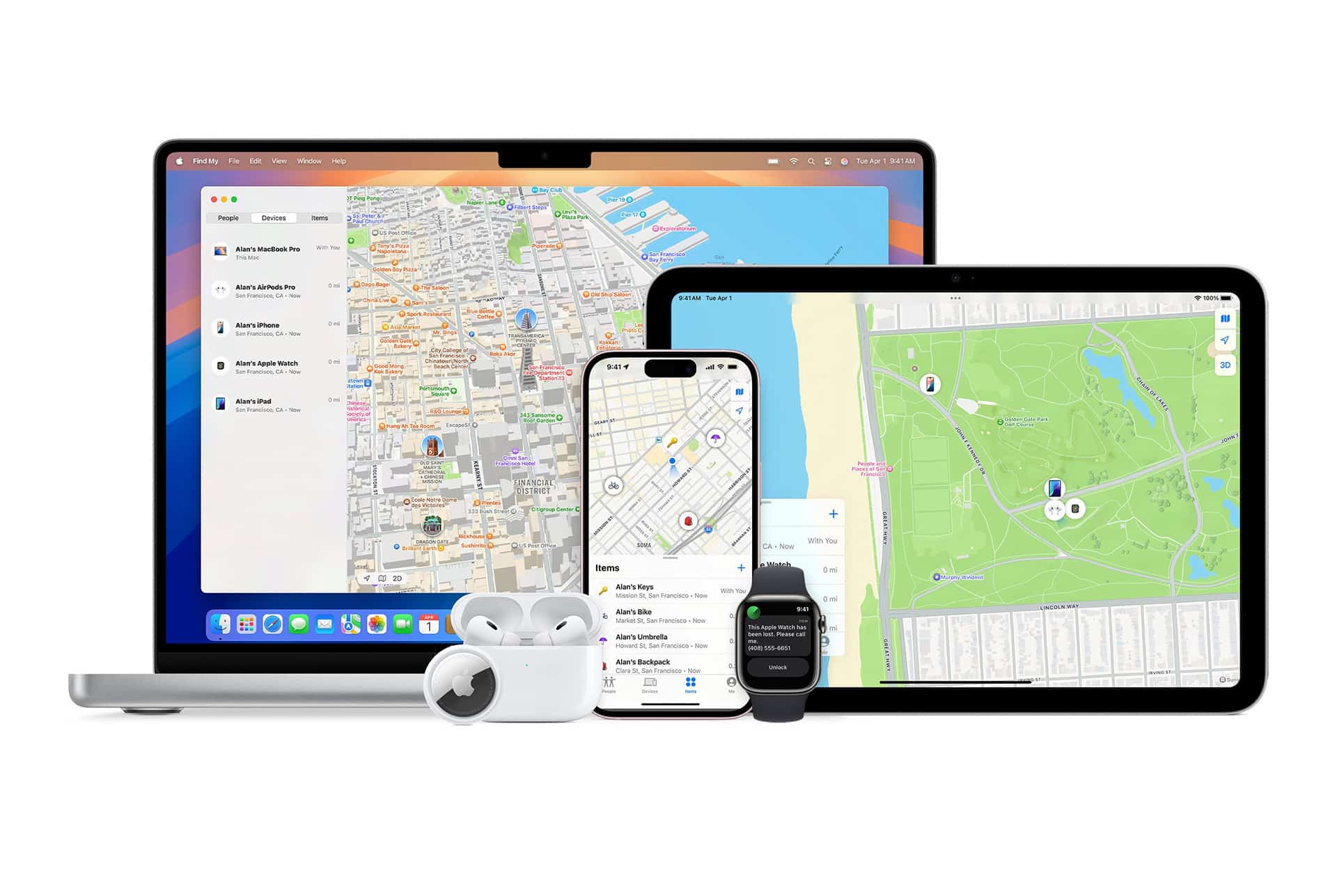 Find My Precise Location - A laptop, tablet, smartphone, smartwatch, and two sets of wireless earbuds display Apple’s “Find My” app with maps and Find My Precise Location onscreen, showcasing accurate device tracking across multiple Apple products.