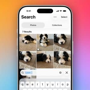 Find People and Pets in Photos - A smartphone screen displays a photo search for "Lopa," showing seven images of a black-and-white puppy lying on a carpet. The background is a colorful gradient, highlighting the Find People and Pets in Photos feature.