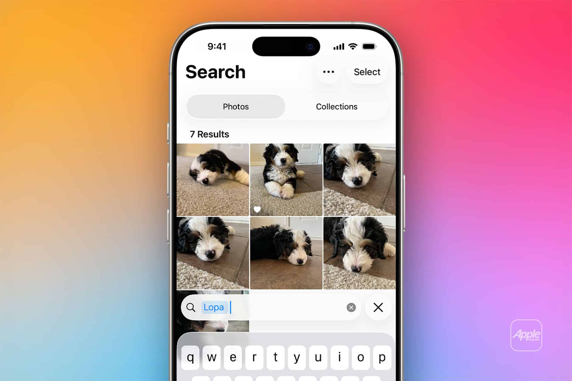 Find People and Pets in Photos - A smartphone screen displays a photo search for "Lopa," showing seven images of a black-and-white puppy lying on a carpet. The background is a colorful gradient, highlighting the Find People and Pets in Photos feature.