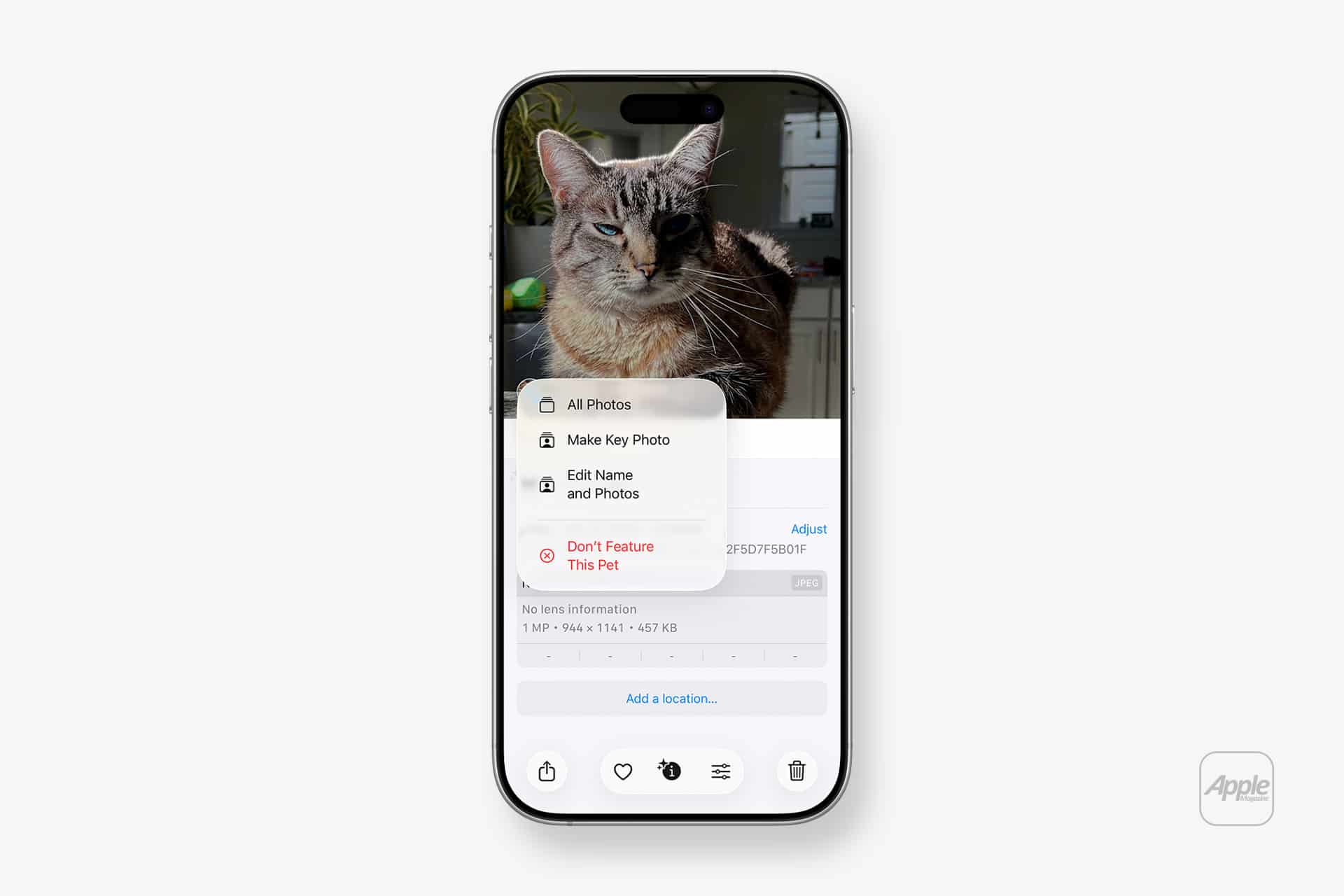 A smartphone displays a photo of a tabby cat with editing options open, including "Find People and Pets in Photos," “All Photos,” “Make Key Photo,” and more. The Apple logo appears at the bottom right.