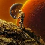 An astronaut holding a pickaxe stands on a rocky alien landscape beneath two large planets and a star-filled orange sky, evoking the adventurous spirit of For All Mankind Season 5.