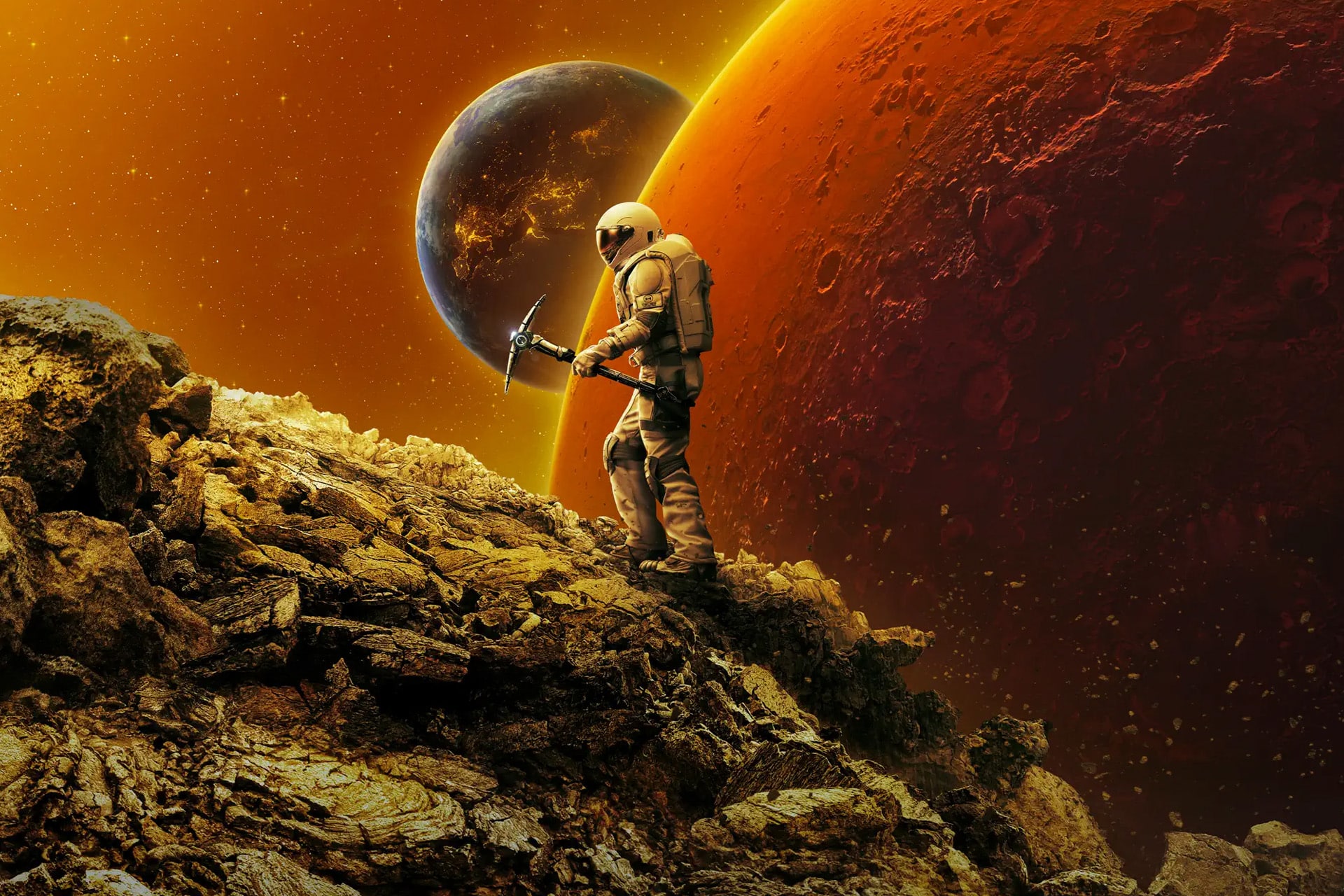 An astronaut holding a pickaxe stands on a rocky alien landscape beneath two large planets and a star-filled orange sky, evoking the adventurous spirit of For All Mankind Season 5.