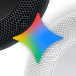 Close-up of a black and a white smart speaker with a colorful, four-pointed star overlay in the center. The fabric mesh texture of the speakers is clearly visible; an Apple logo appears on the white speaker. - Gemini Siri