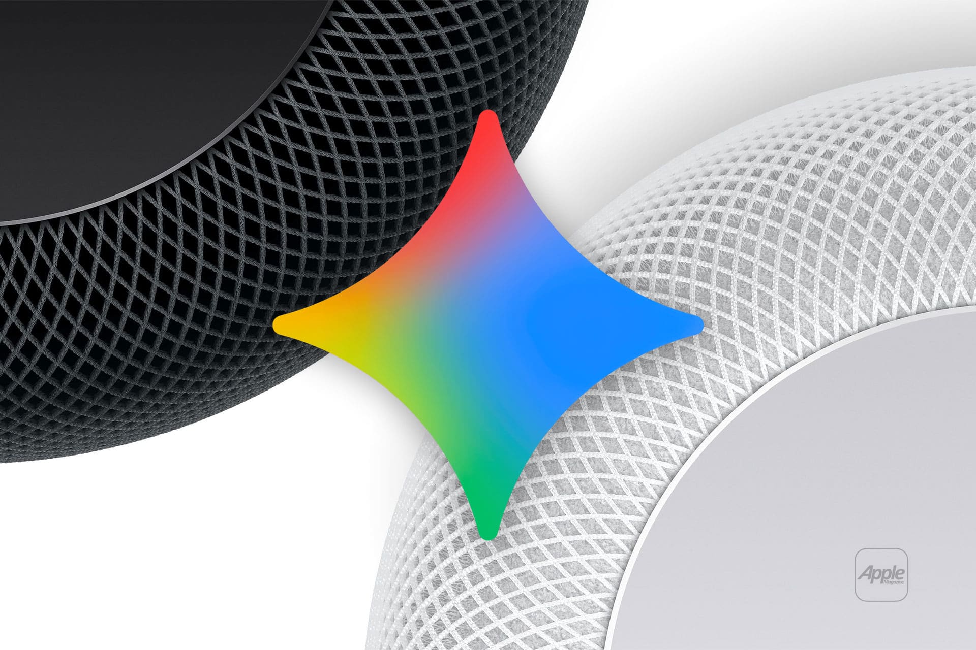 Close-up of a black and a white smart speaker with a colorful, four-pointed star overlay in the center. The fabric mesh texture of the speakers is clearly visible; an Apple logo appears on the white speaker. - Gemini Siri