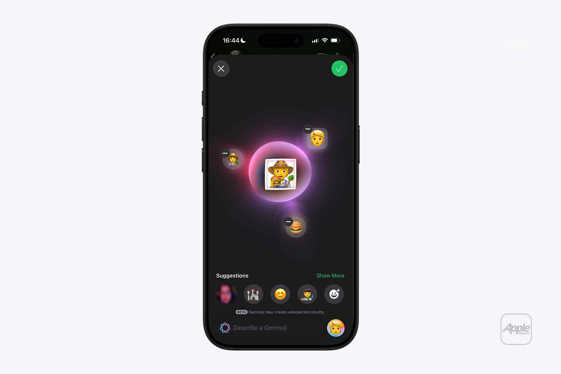A smartphone screen displays the Genmoji Creator app for making custom emoji combinations. In the center, a glowing emoji of a person with glasses is surrounded by a burger and a smiley face on a dark background.