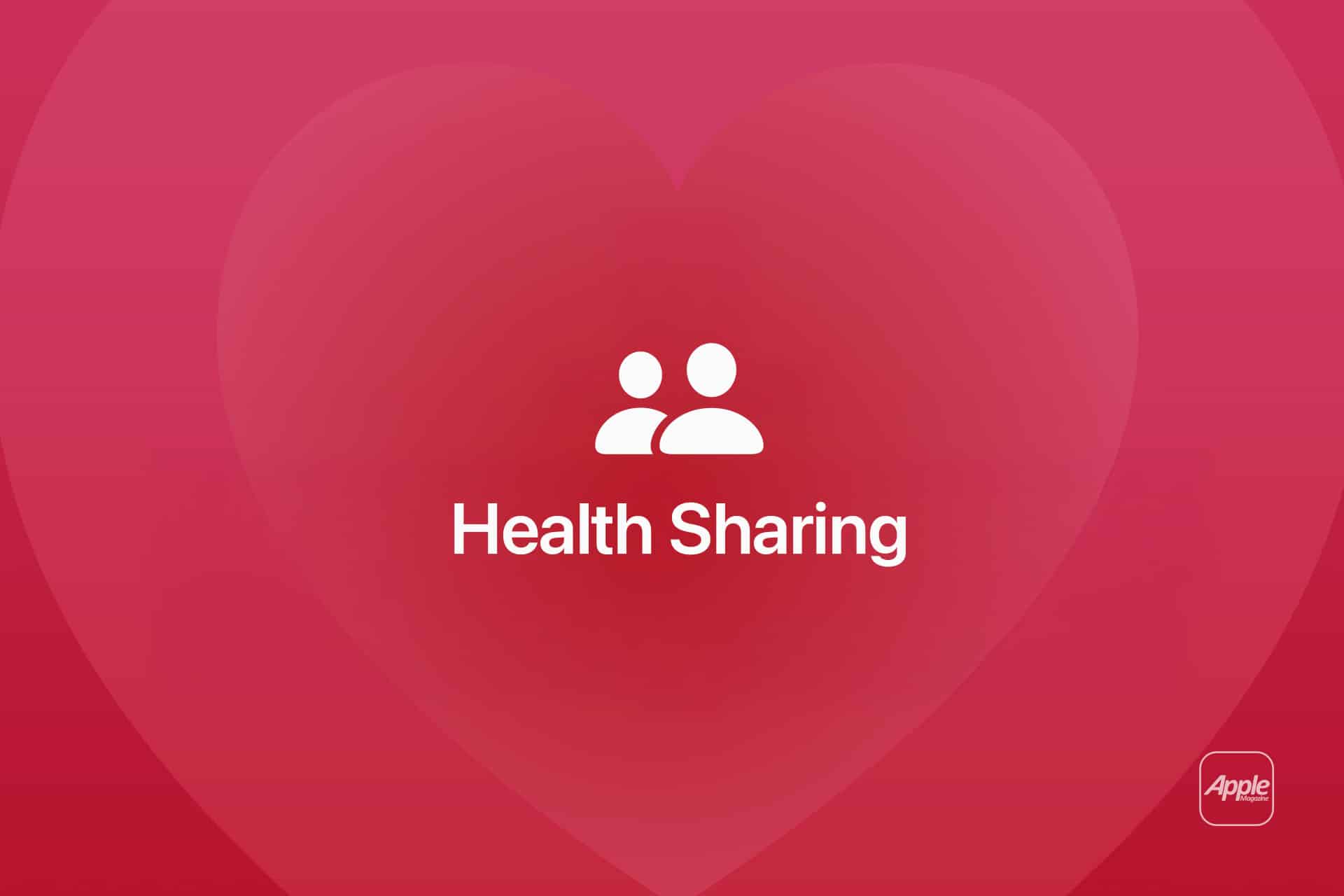 White "Health Sharing" text with two user icons above it is centered on a red-pink background with a large faint heart shape. An Apple logo appears in the bottom right corner, highlighting iPhone emergency contacts integration.