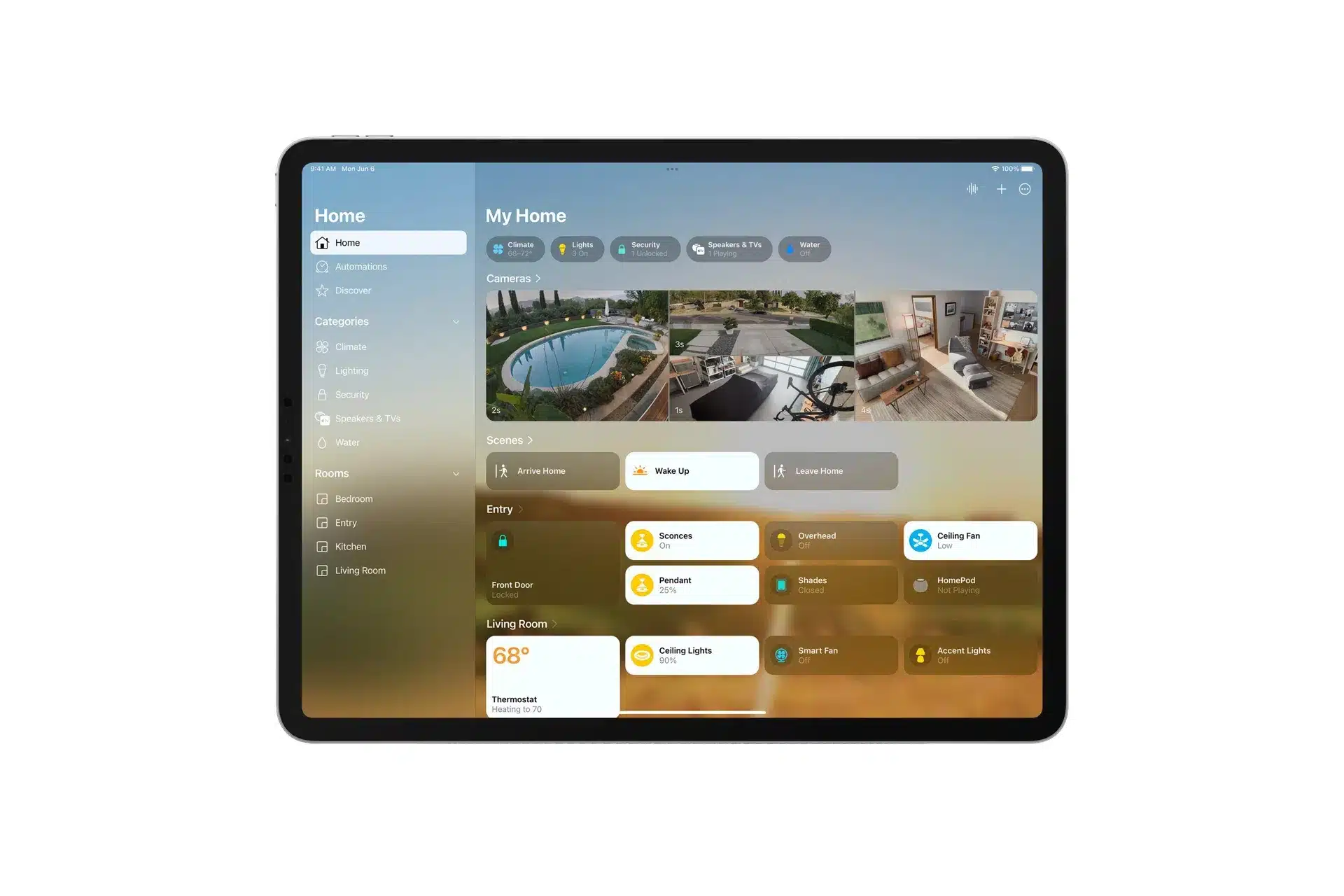 A tablet screen displays an Apple Home Hub smart home control dashboard, showing live camera feeds, temperature, lighting, and device status for various rooms in a house.