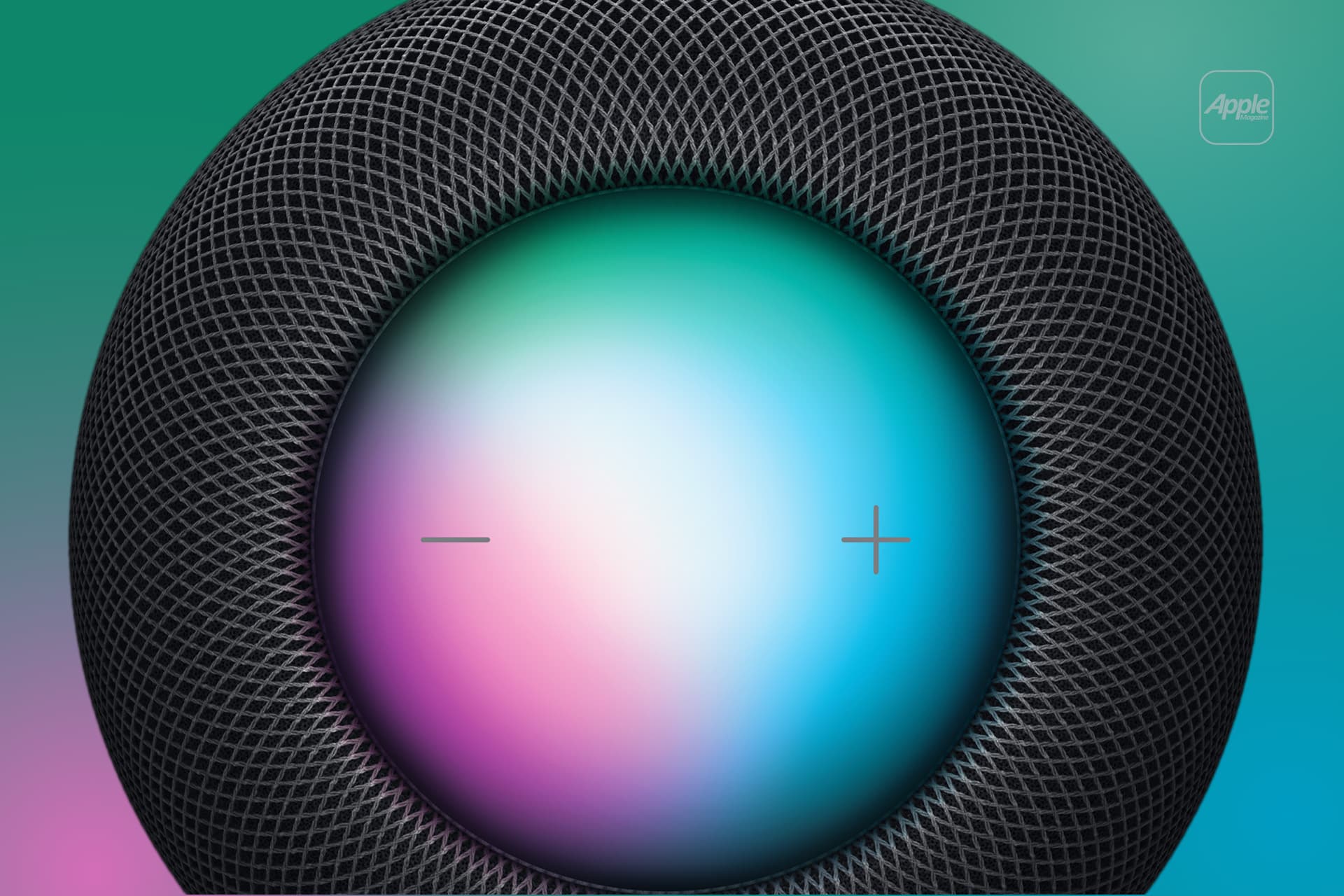 Close-up of a black HomePod smart speaker, showing its glowing colorful top with minus and plus touch controls, set against a teal and pink gradient background with a small Apple logo in the corner.