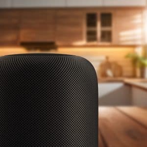 A close-up of a black Apple HomePod smart speaker on a wooden table in a modern, sunlit kitchen. The Apple logo appears in the bottom right corner.