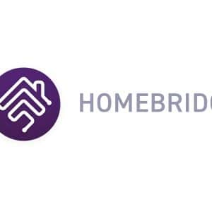 Homebridge - A purple circle with a white abstract house icon inside, symbolizing Homebridge, sits next to the word "HOMEBRIDGE" in gray, uppercase letters on a white background.