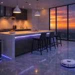 A modern kitchen with glowing LED lights, sleek counters, two bar stools, and a robot vacuum on the floor. Shortcuts are made easy by a black cylindrical device near the island. Large windows reveal a city view at sunset.