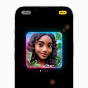 A smartphone screen displays a colorful, illustrated profile picture of a smiling young woman with curly hair, surrounded by leaves, created in Image Playground 2026, with Cancel and Done buttons at the top.