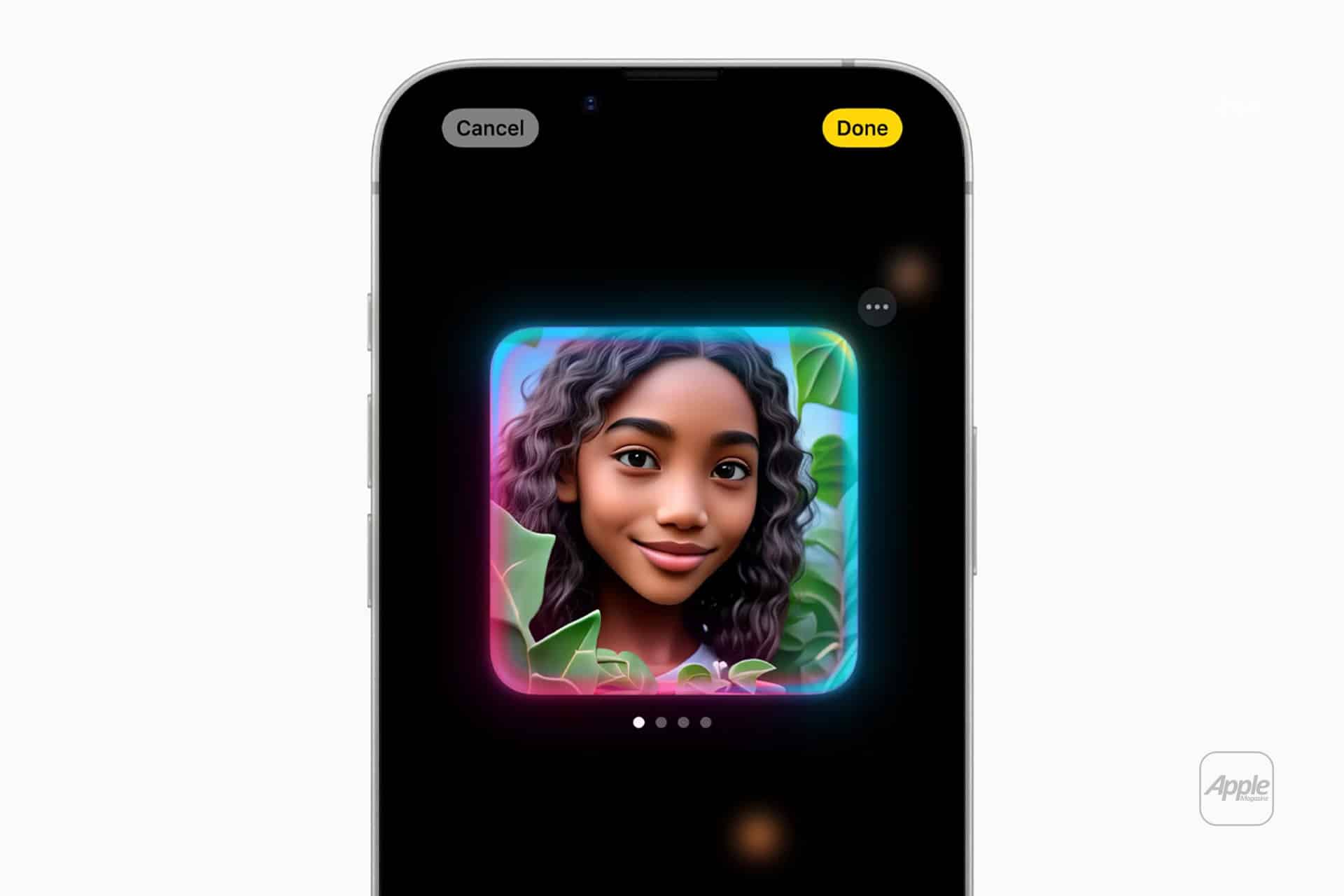 A smartphone screen displays a colorful, illustrated profile picture of a smiling young woman with curly hair, surrounded by leaves, created in Image Playground 2026, with Cancel and Done buttons at the top.
