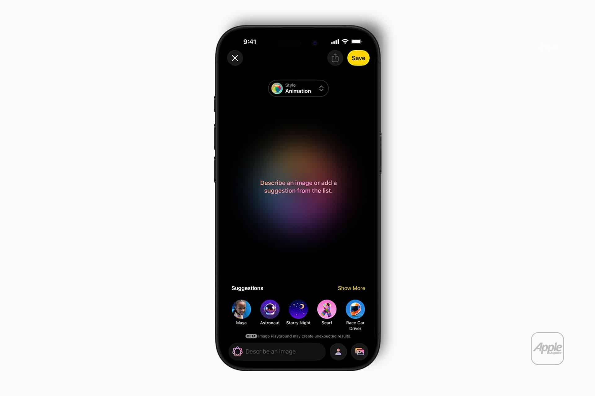A smartphone screen displays the Image Playground 2026 Apple app interface with a dark background, image suggestion icons at the bottom, and a central message: “Describe an image or add a suggestion from the list.”.