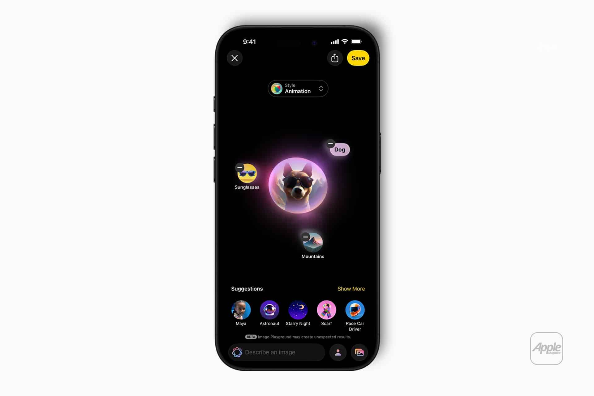 A smartphone displays Apple's Image Playground 2026 AI image generation feature with a central dog avatar wearing sunglasses, surrounded by floating labels like "Sunglasses" and "Mountains" on a dark background.