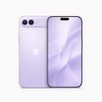 A light purple iPhone Air 2, showing both its back with dual cameras and its front with a wavy pastel wallpaper, is displayed on a white background. An Apple logo appears in the bottom right corner.