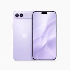 A light purple iPhone Air 2, showing both its back with dual cameras and its front with a wavy pastel wallpaper, is displayed on a white background. An Apple logo appears in the bottom right corner.