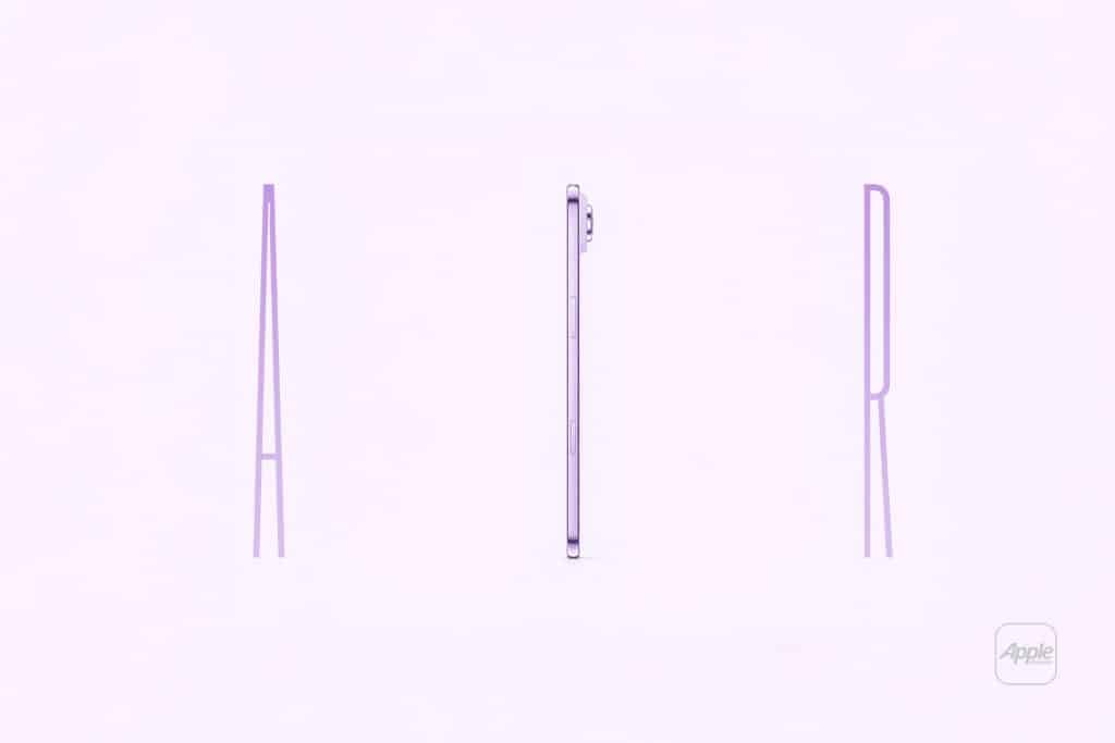 A purple tablet, resembling the iPhone Air 2, is shown from the side and placed between large stylized purple letters “A,” “I,” and “R,” spelling “AIR” on a light background. An Apple logo appears in the bottom right corner.