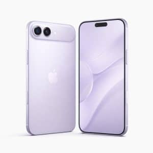 Two light purple iPhones are displayed: one shows the back with dual cameras and the Apple logo, while the other showcases the front screen with a minimalist purple abstract wallpaper, highlighting the sleek style of the iPhone Air 2.