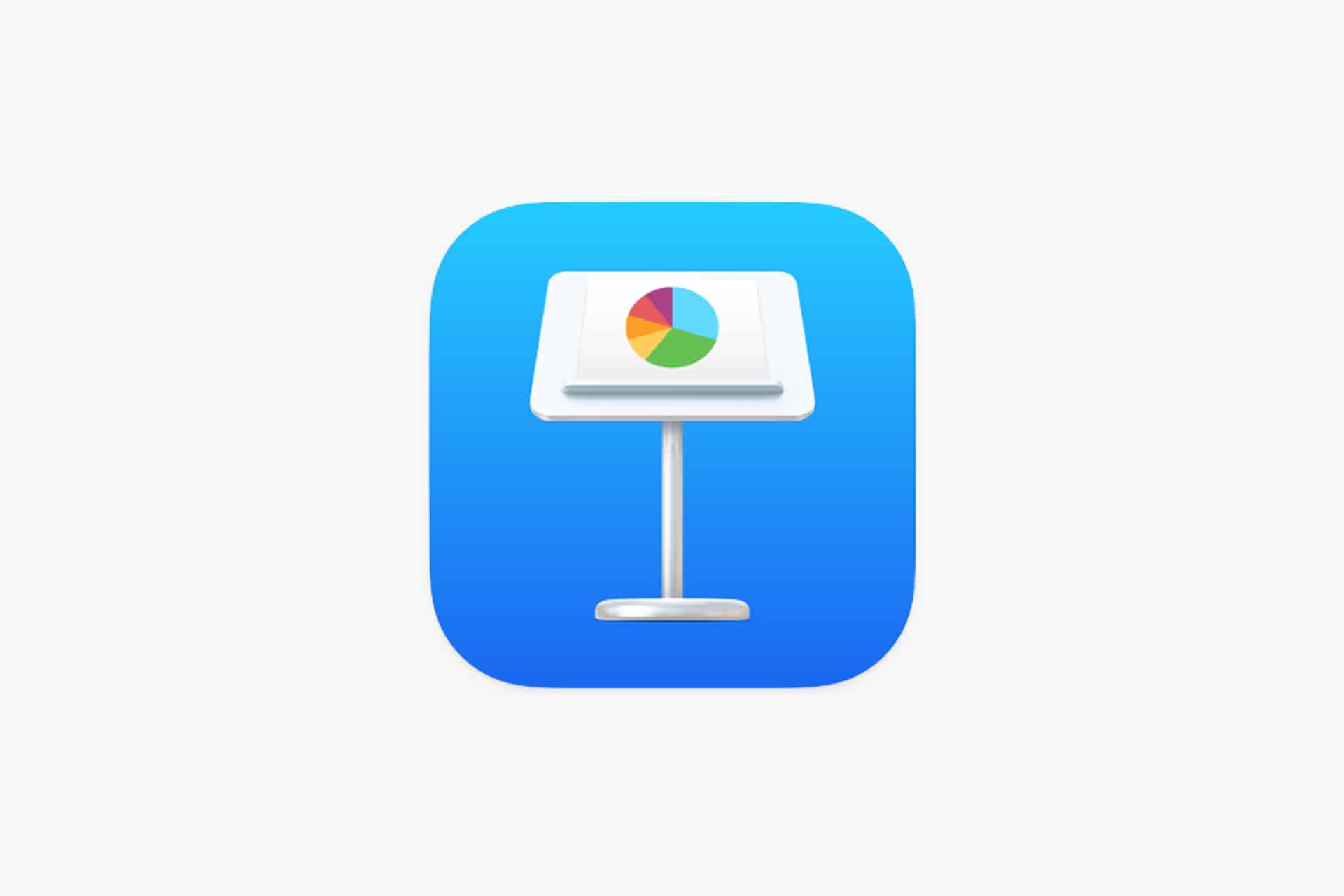 A blue rounded square icon featuring a white presentation board with a multicolored pie chart, representing the iWork Keynote app.