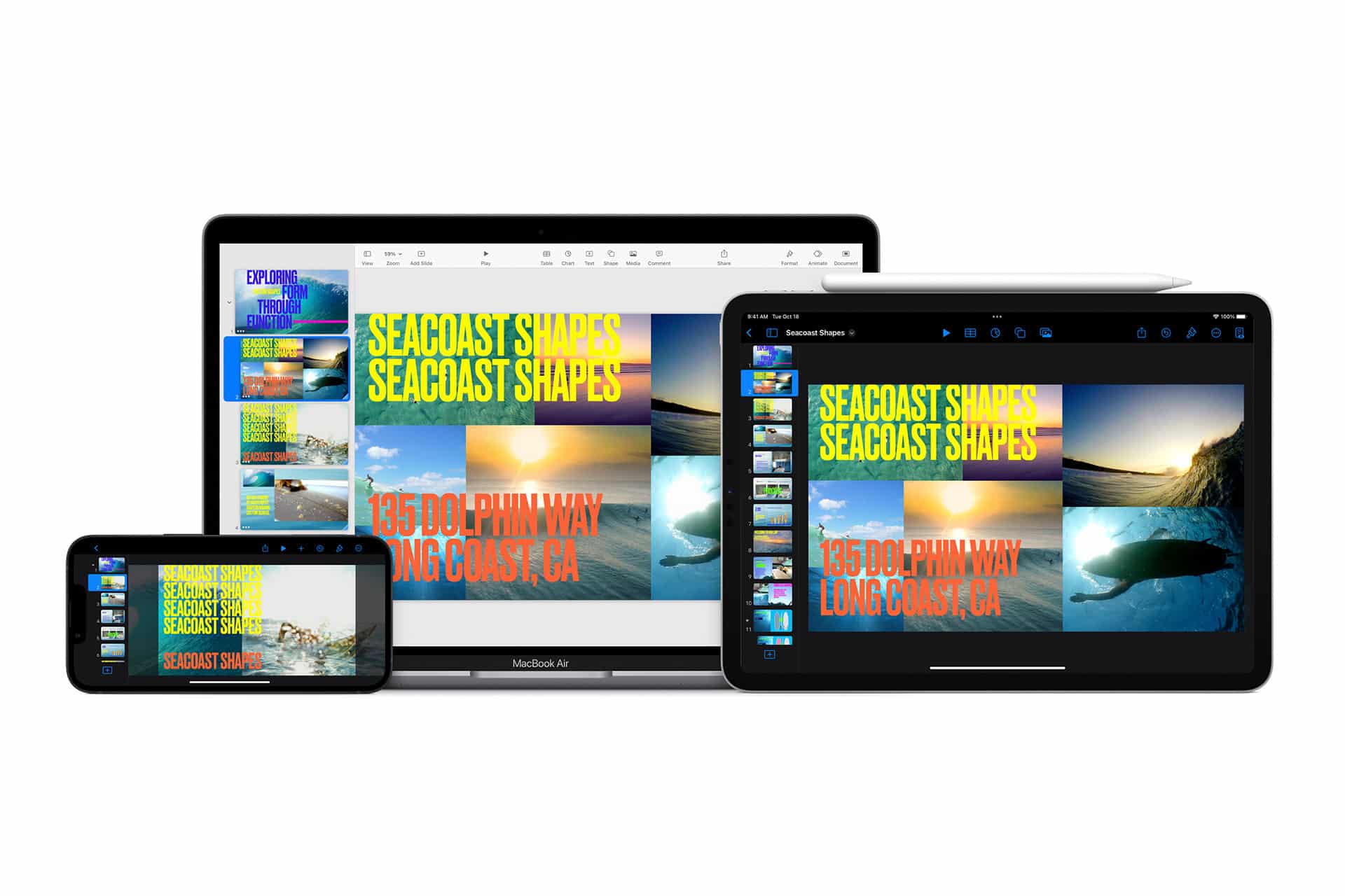 A smartphone, laptop, and tablet display the same colorful iWork Keynote presentation slide featuring ocean images and bold yellow text reading "SEACOAST SHAPES" and "135 DOLPHIN WAY LONG COAST, CA.