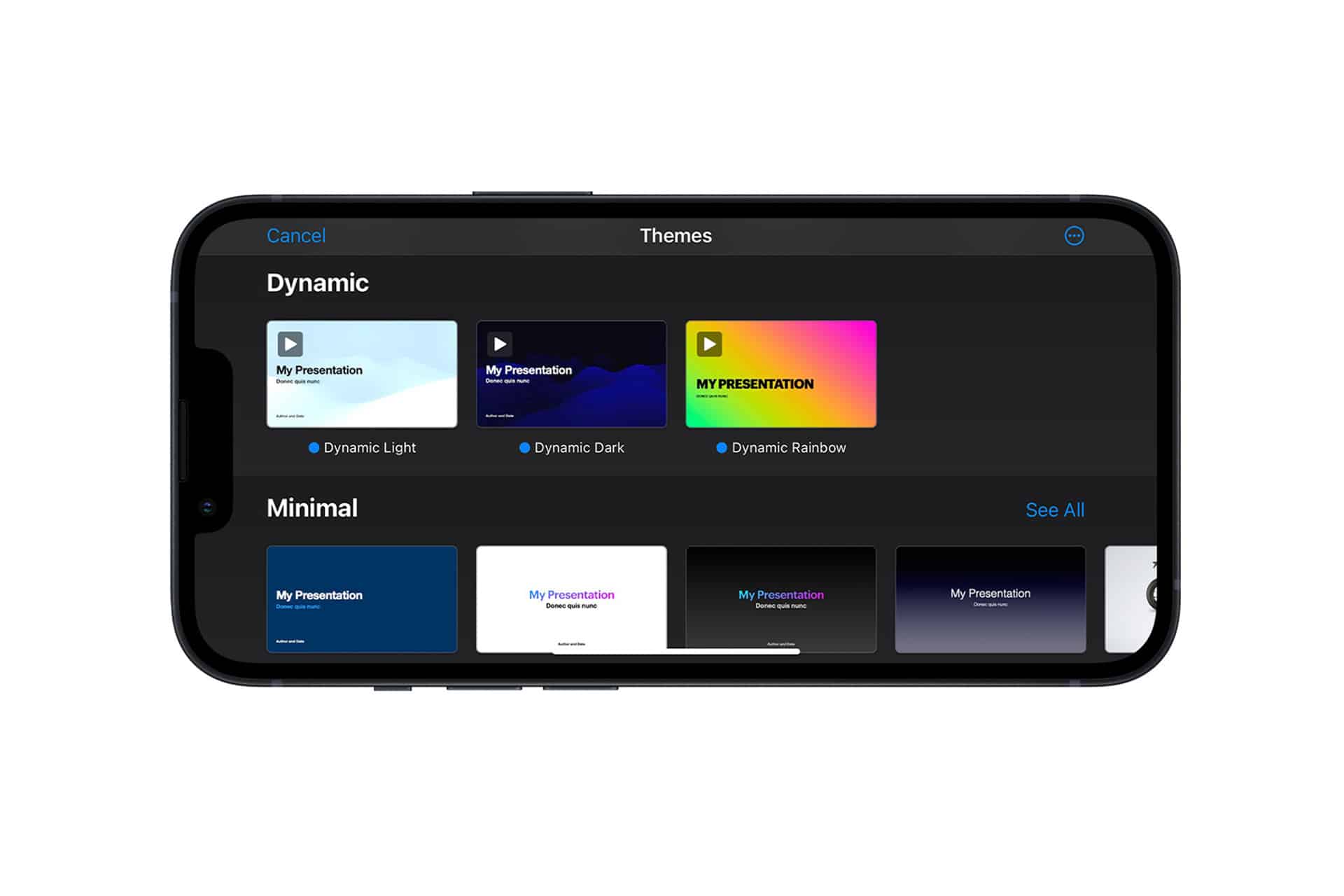 A smartphone screen displays a gallery of iWork Keynote presentation themes, including Dynamic and Minimal categories, with colorful and dark-themed preview slides shown in a grid layout.