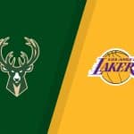 A graphic split diagonally shows the Milwaukee Bucks logo on green and the Los Angeles Lakers logo on gold, with the NBA logo in the top left corner—perfect for highlighting Apple TV NBA matchups.