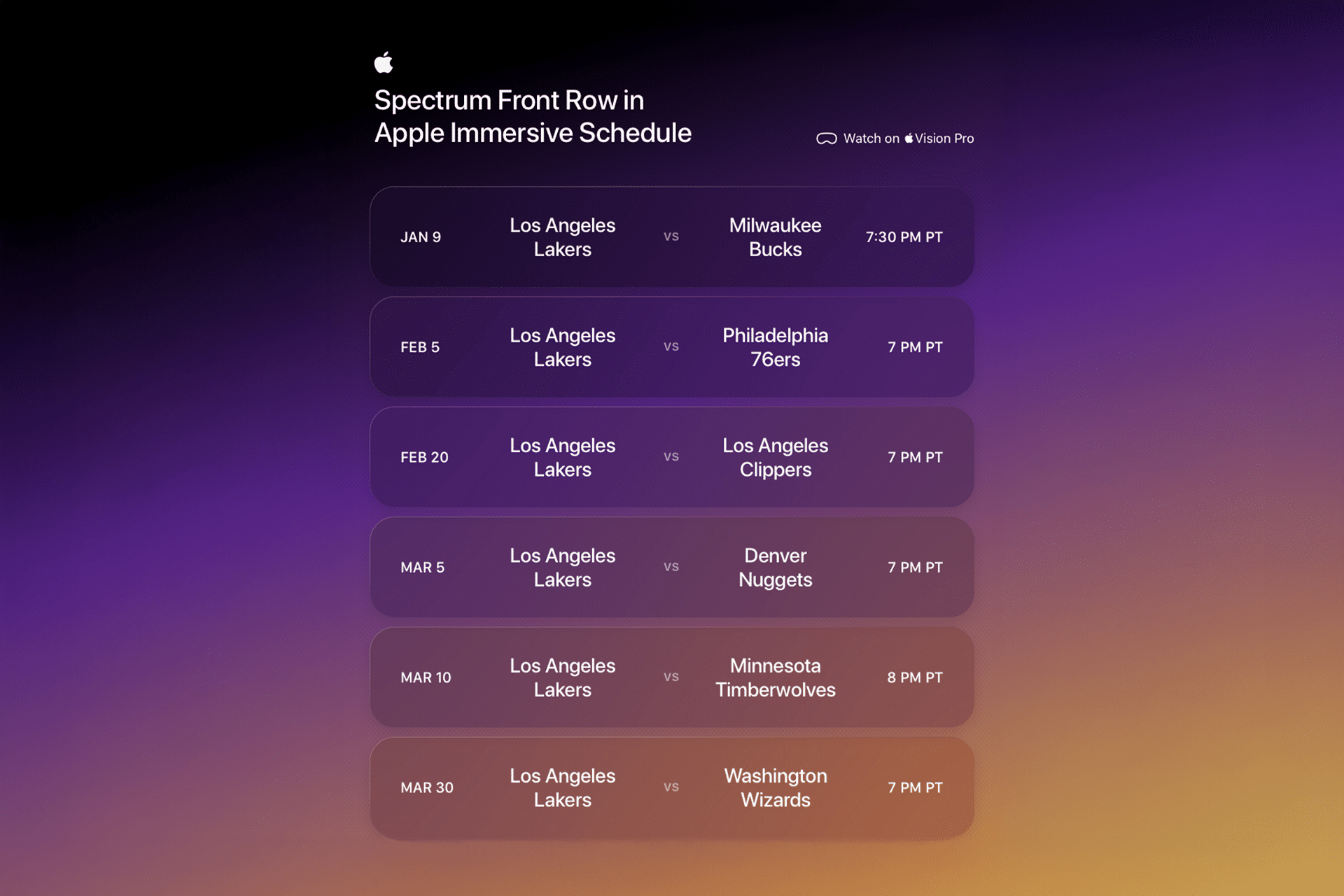 A schedule of Los Angeles Lakers basketball games, titled "Spectrum Front Row in Apple Immersive Schedule," featuring Vision Pro Lakers matchups with opponents and dates from January 9 to March 15. Game times are in Pacific Time on a purple-gold gradient background.