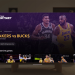 A TV screen displays a live broadcast of a Lakers vs. Bucks basketball game on Spectrum SportsNet, featuring Vision Pro Lakers immersive streaming and dynamic images of players in action, with enhanced viewing options visible.