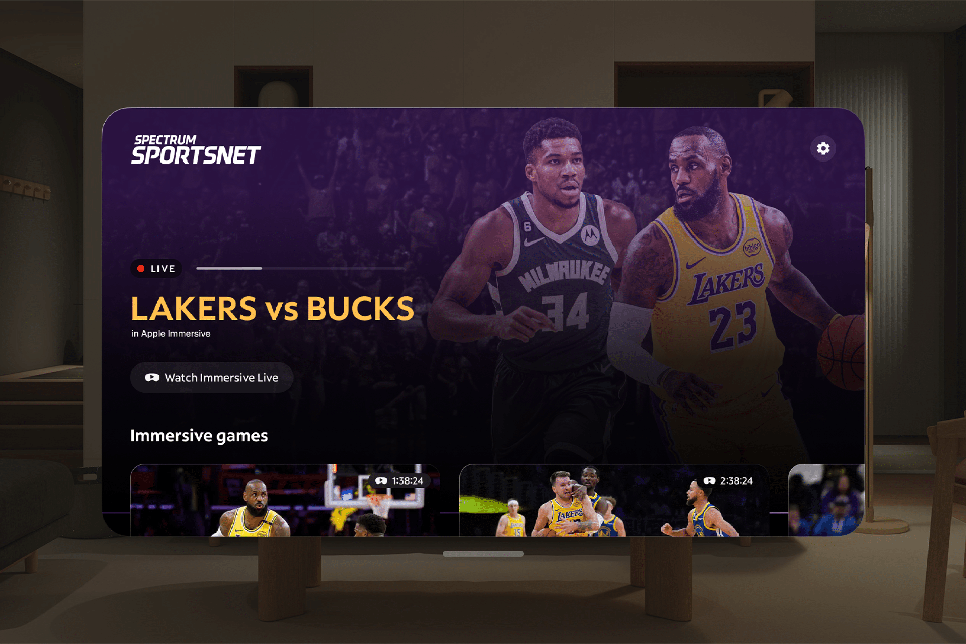 A TV screen displays a live broadcast of a Lakers vs. Bucks basketball game on Spectrum SportsNet, featuring Vision Pro Lakers immersive streaming and dynamic images of players in action, with enhanced viewing options visible.