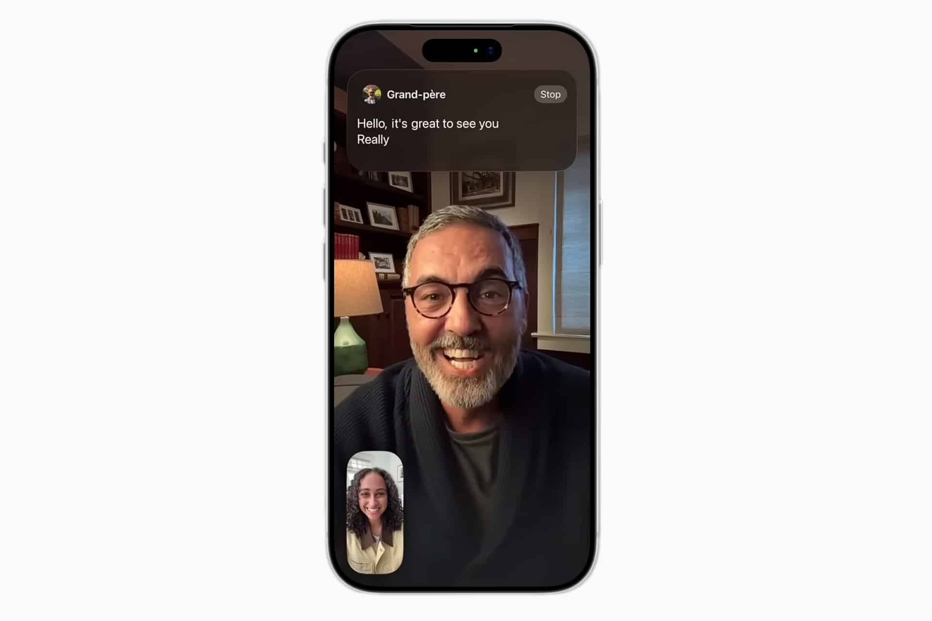 A phone screen shows a video call between a smiling older man with glasses and gray hair, and a younger woman. A message at the top reads, "Hello, it's great to see you." Live Translation helps them connect seamlessly.