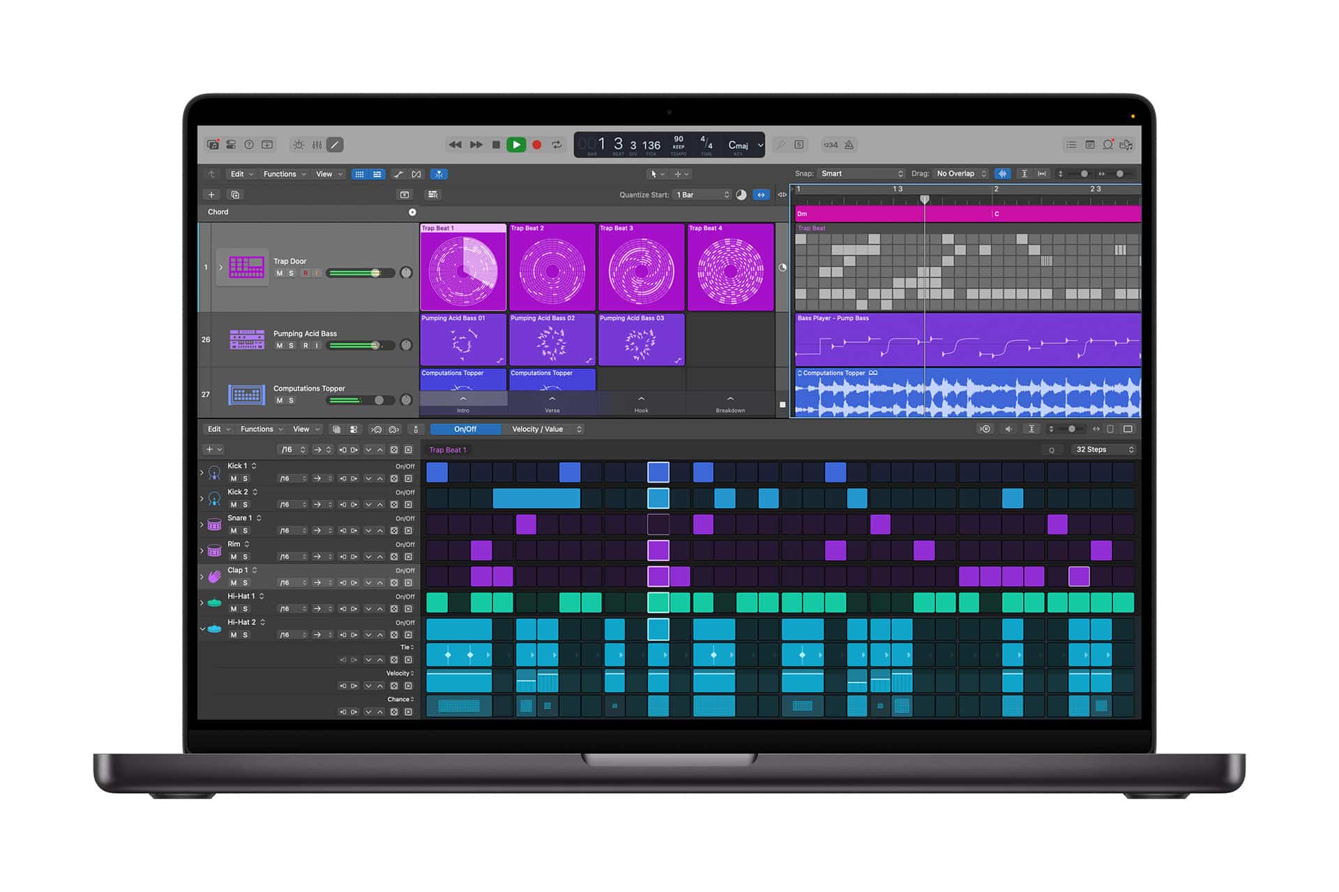 A laptop displaying Apple Creator Studio music production software with various tracks, colorful waveforms, grids, and visual patterns in purple and blue tones on the screen.
